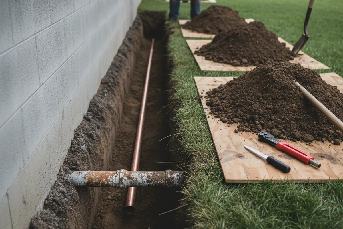 Excavated water line trench during Water Heater Repair in Scituate